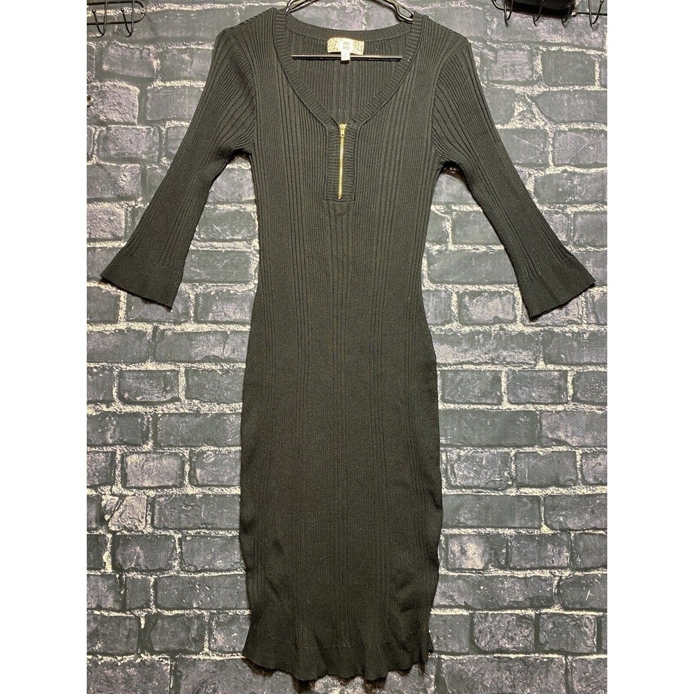 Pink Rose Ribbed Knit Dress‎ Womens S Black Zip Front Bell Sleeve Bodycon Boho